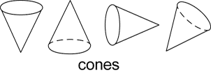 The image shows 4 cones in different orientations. The word ‘cones’ is written underneath.