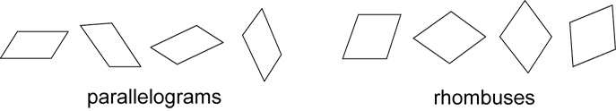 Image shows 4 parallelograms in different orientations and 4 rhombuses in different orientations. 