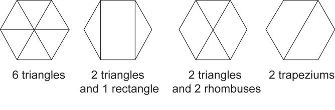 Image shows 4 regular hexagons and the shapes that can be joined to make them.